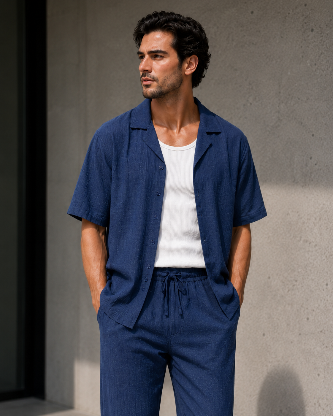 Textured Resort Co-Ord Set - Navy