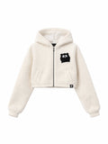 White fleece jacket with a black logo on a white background