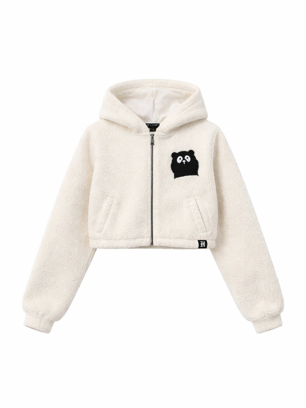 White fleece jacket with a black logo on a white background